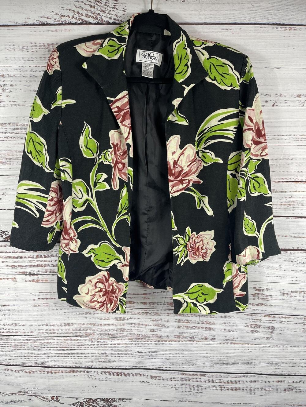 Bob Mackie Blazer Women's Black Pink Green Floral Linen Blend Padded Jacket SZ 8